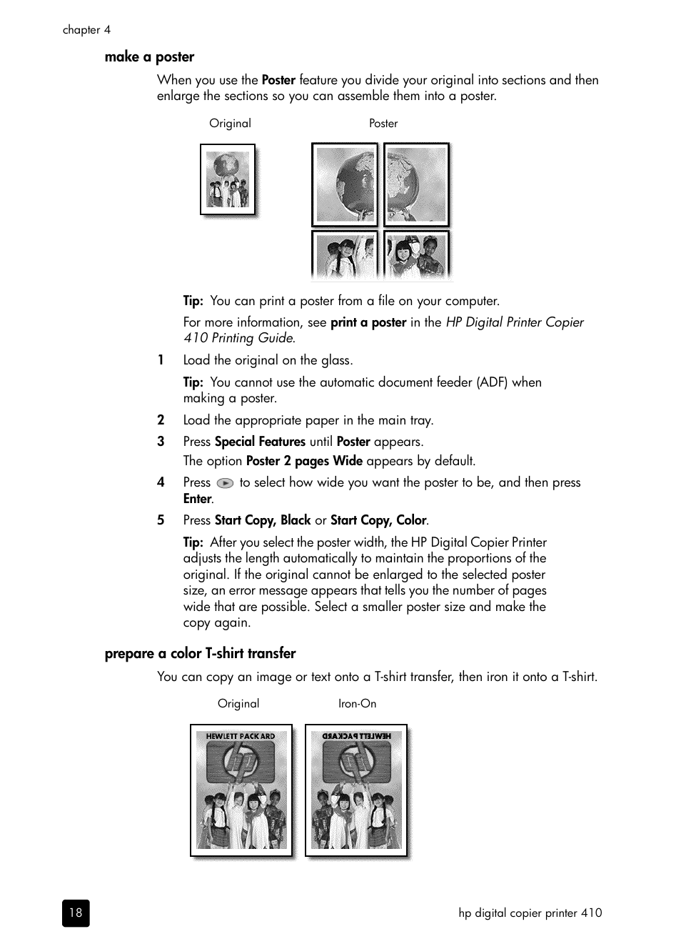 Prepare a color t-shirt transfer, Make a poster | HP 410 User Manual | Page 22 / 64