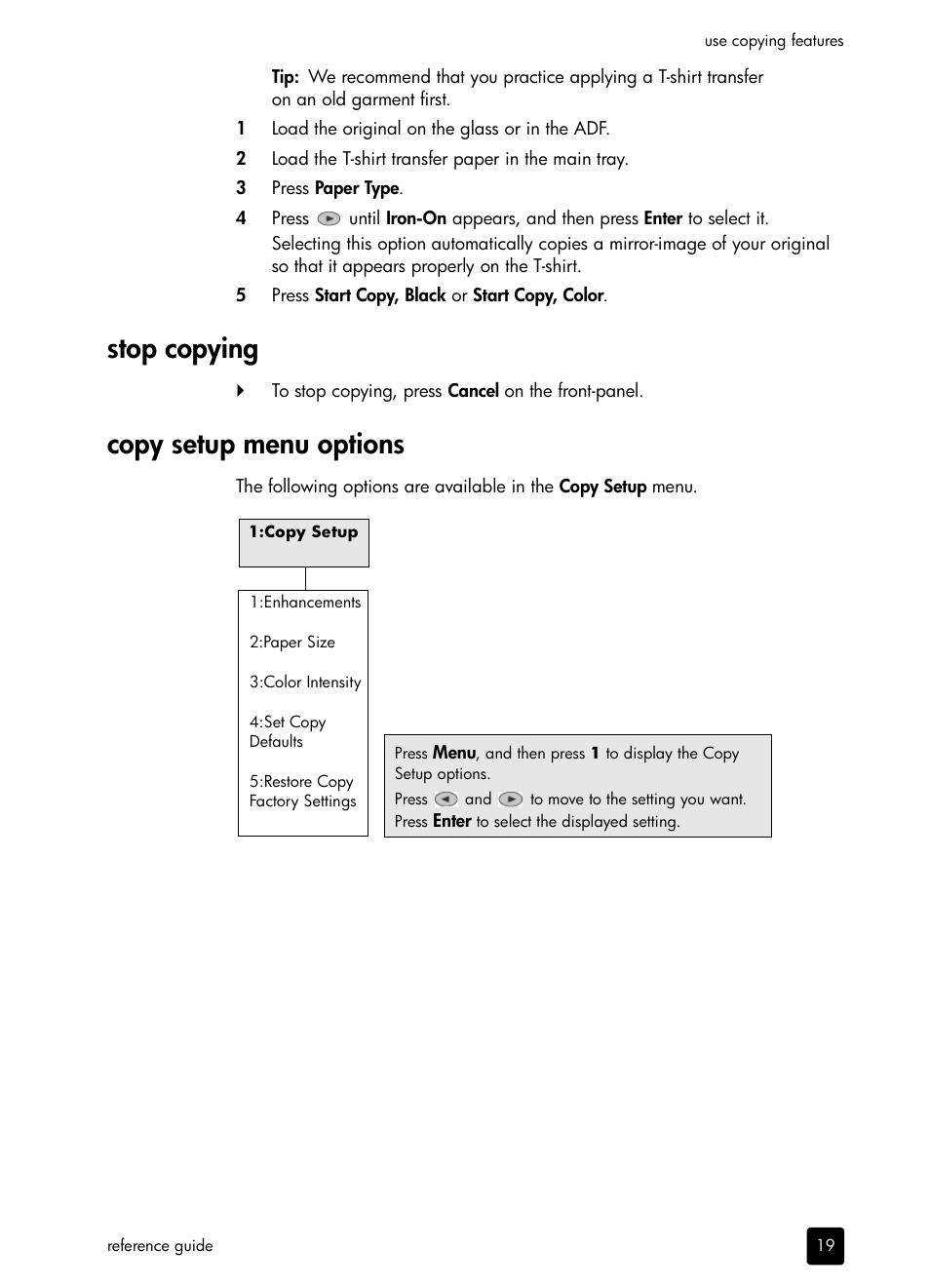 Stop copying, Copy setup menu options, Stop copying copy setup menu options | HP 410 User Manual | Page 23 / 64