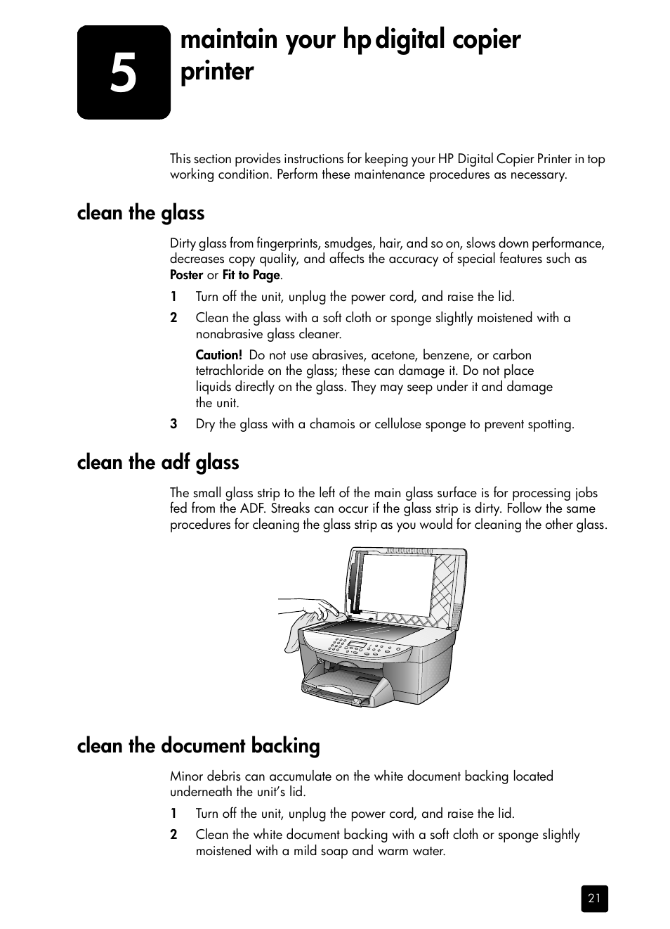 Maintain your hp digital copier printer, Clean the glass, Clean the adf glass | Clean the document backing, 5 maintain your hp digital copier printer, Maintain your hp, Digital copier printer | HP 410 User Manual | Page 25 / 64