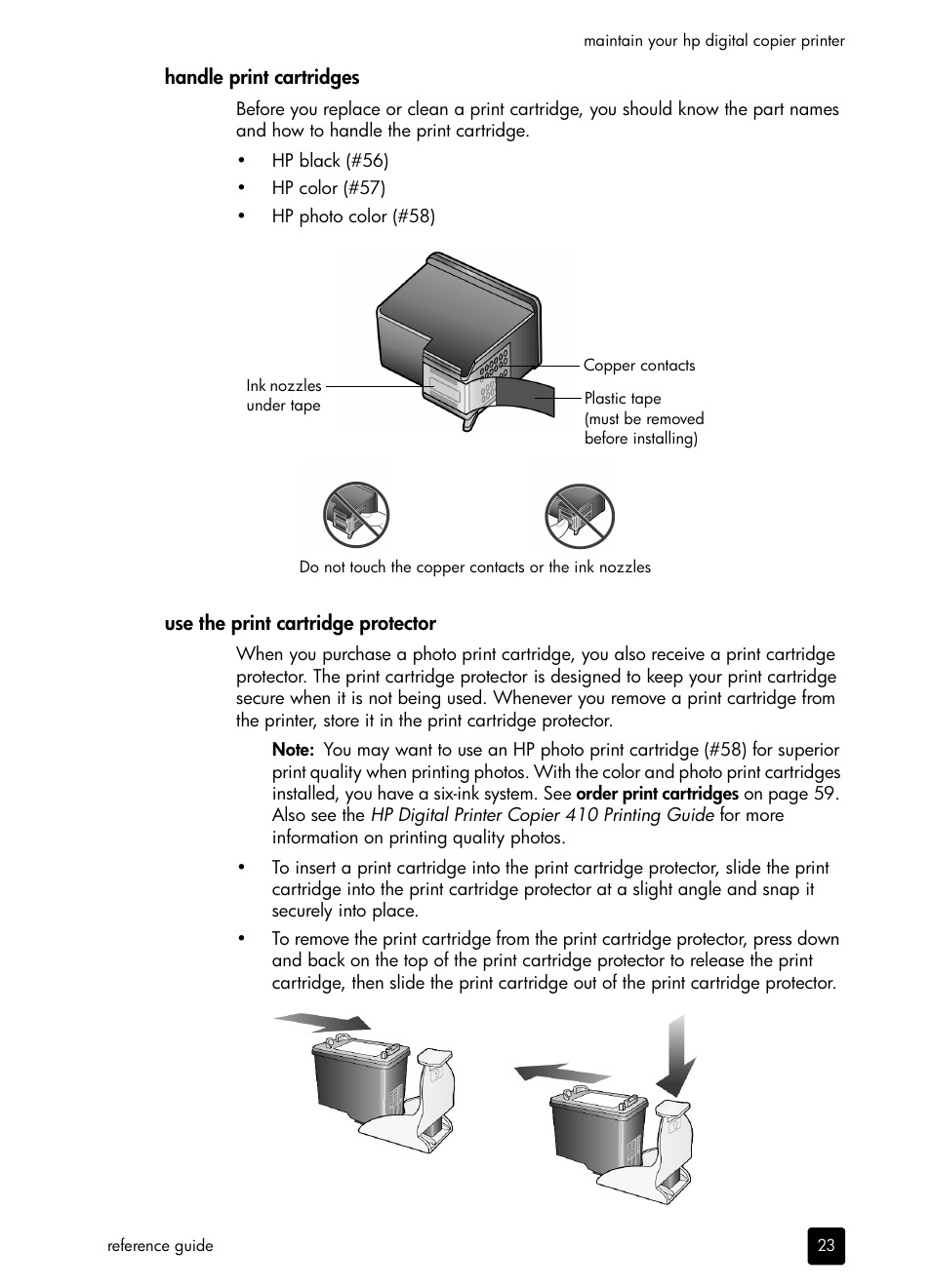 Handle print cartridges, Use the print cartridge protector | HP 410 User Manual | Page 27 / 64