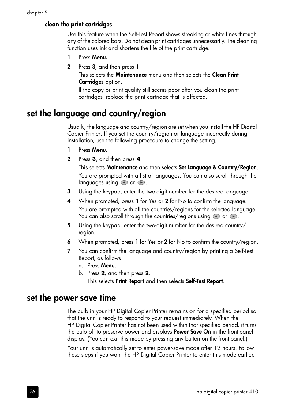 Clean the print cartridges, Set the language and country/region, Set the power save time | HP 410 User Manual | Page 30 / 64