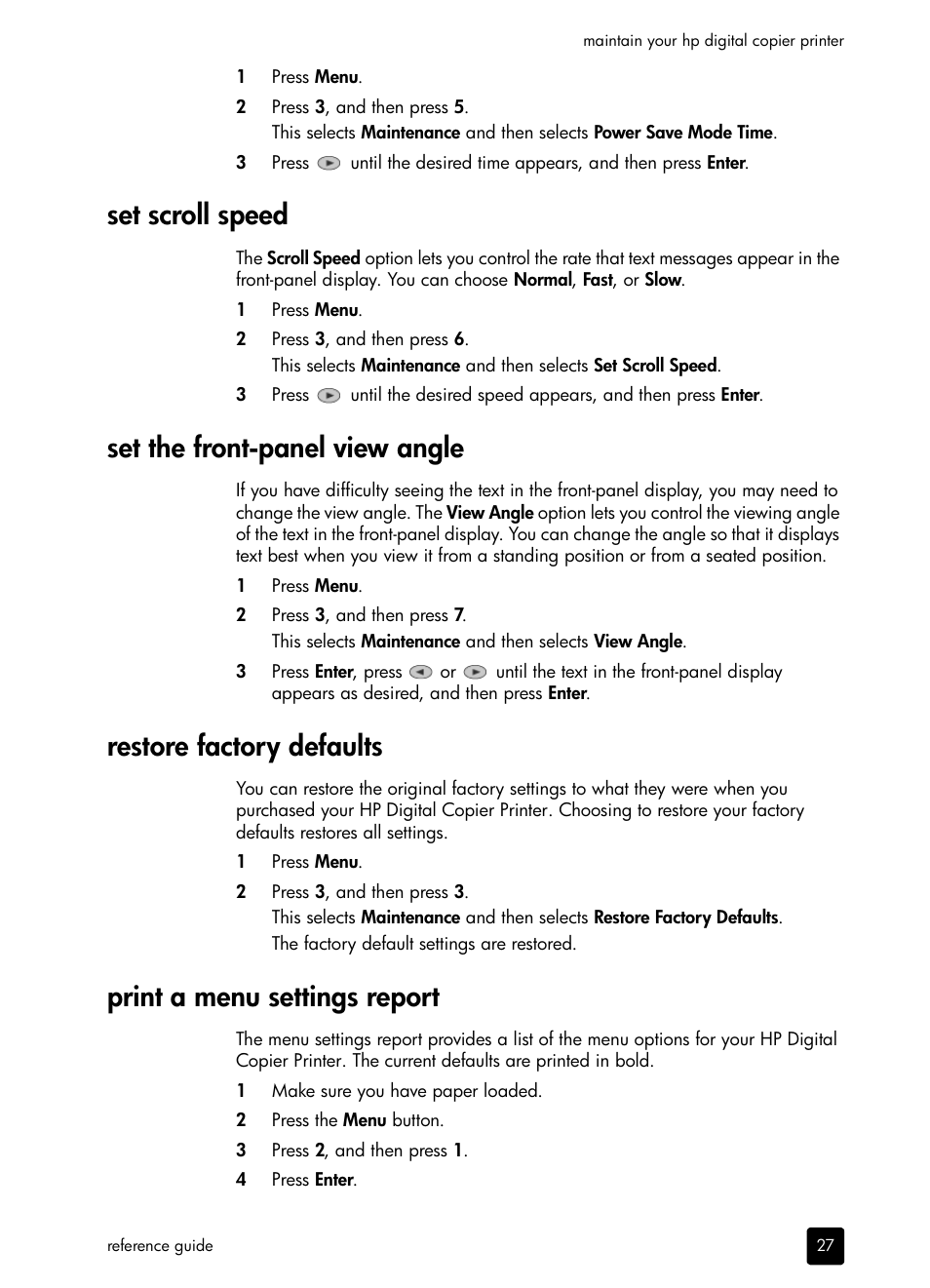 Set scroll speed, Set the front-panel view angle, Restore factory defaults | Print a menu settings report | HP 410 User Manual | Page 31 / 64