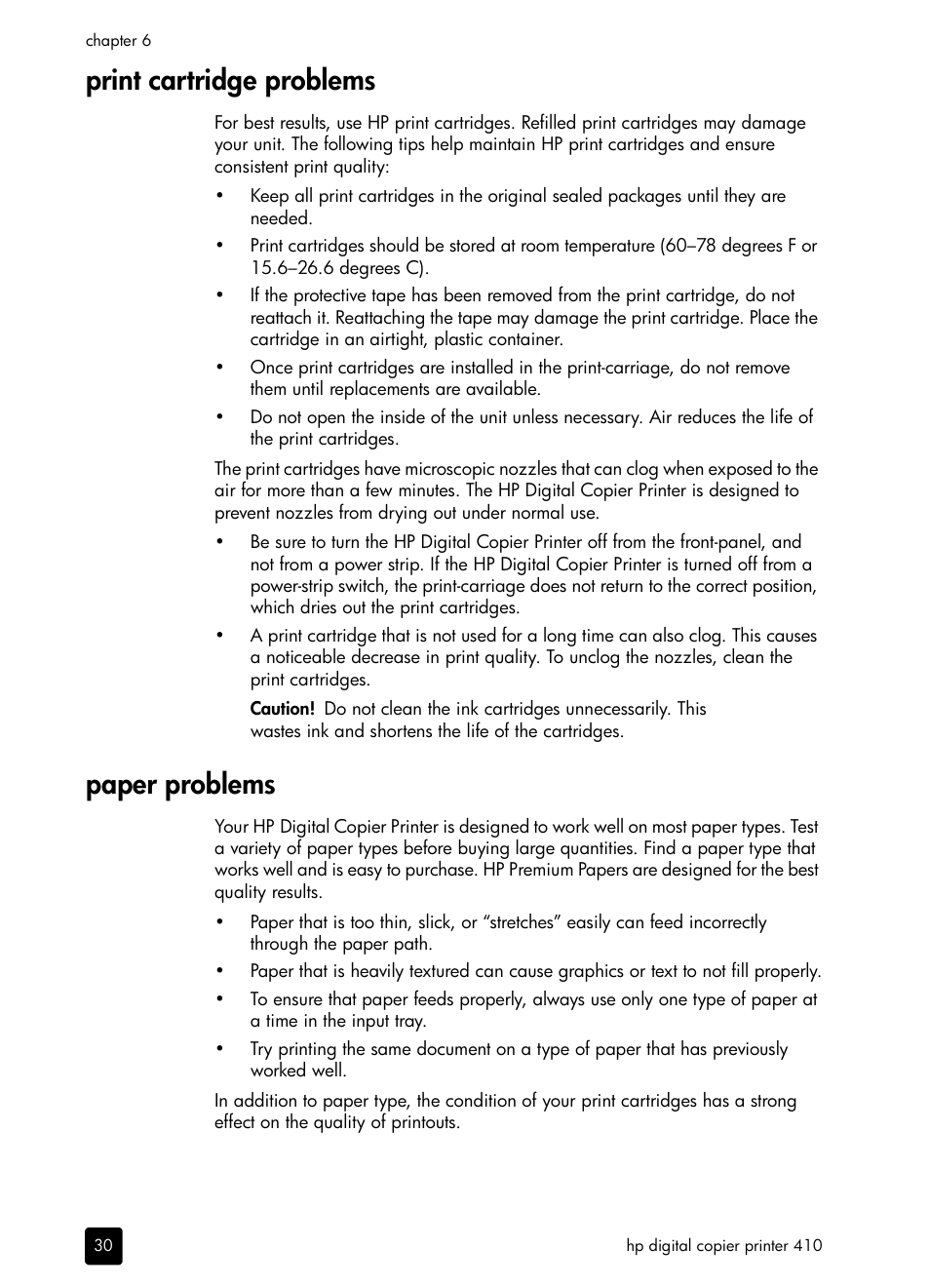 Print cartridge problems, Paper problems, Print cartridge problems paper problems | HP 410 User Manual | Page 34 / 64