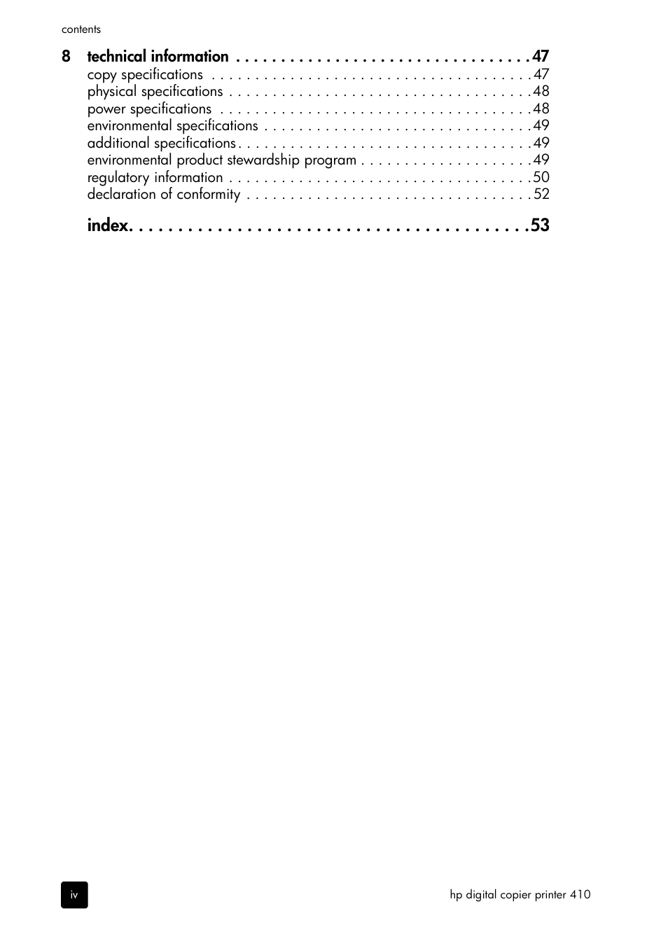 Index | HP 410 User Manual | Page 4 / 64