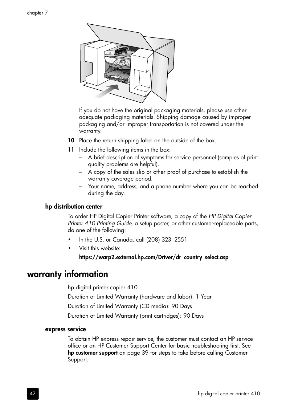 Hp distribution center, Warranty information | HP 410 User Manual | Page 46 / 64