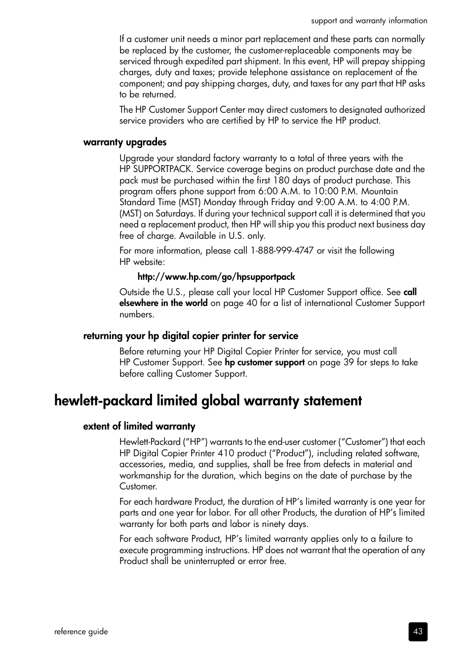 Warranty upgrades, Hewlett-packard limited global warranty statement | HP 410 User Manual | Page 47 / 64