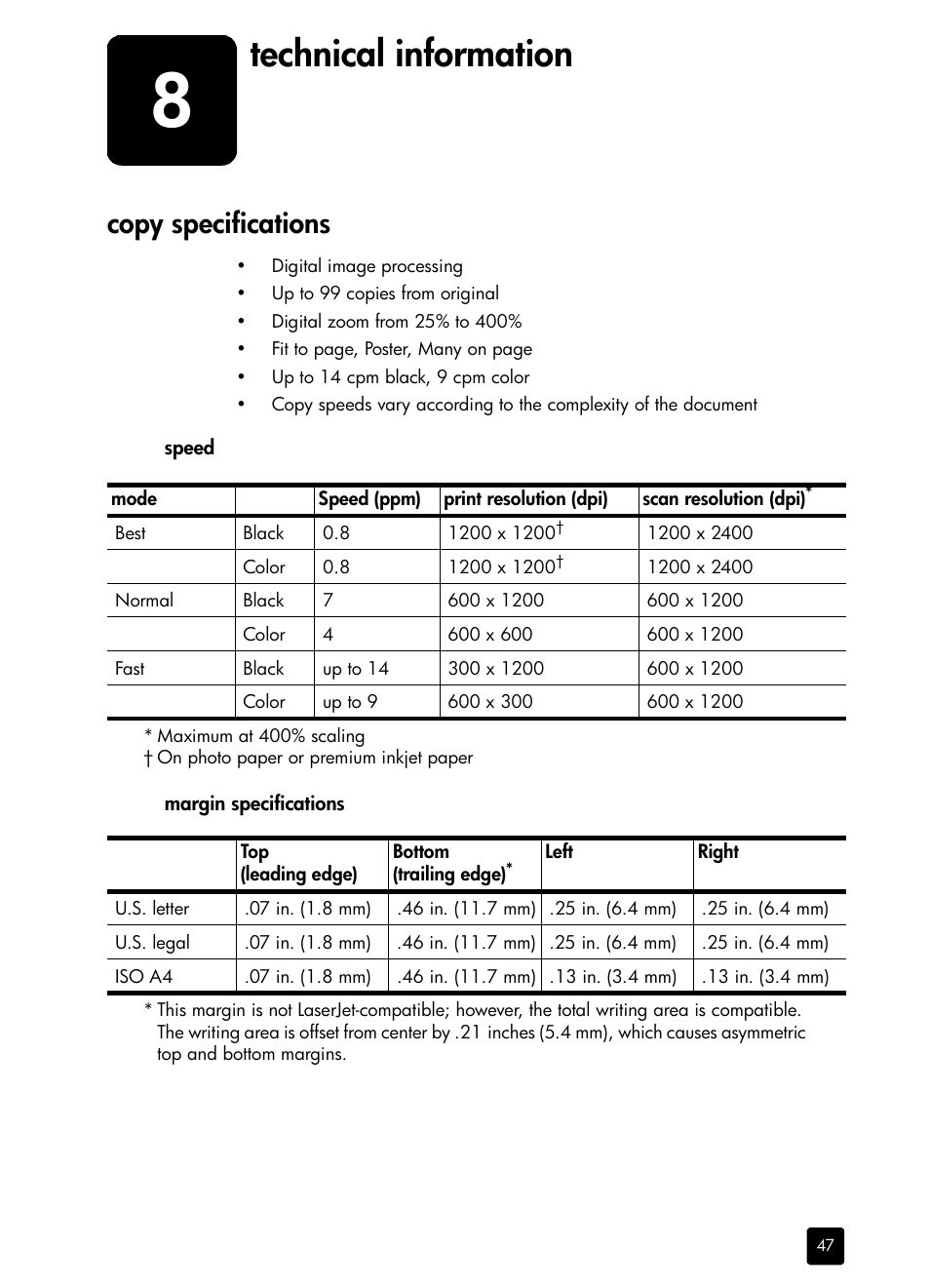 Technical information, Copy specifications, Speed | Margin specifications, 8 technical information | HP 410 User Manual | Page 51 / 64