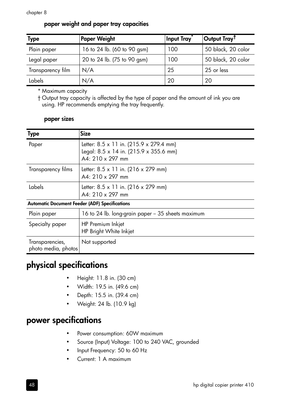 Physical specifications, Power specifications, Physical specifications power specifications | HP 410 User Manual | Page 52 / 64