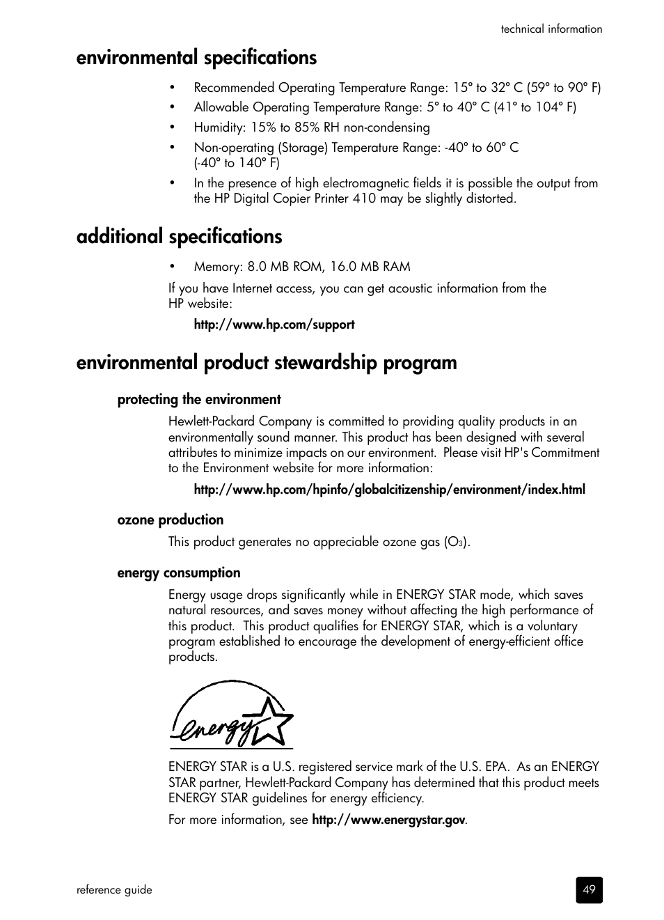 Environmental specifications, Additional specifications, Environmental product stewardship program | HP 410 User Manual | Page 53 / 64