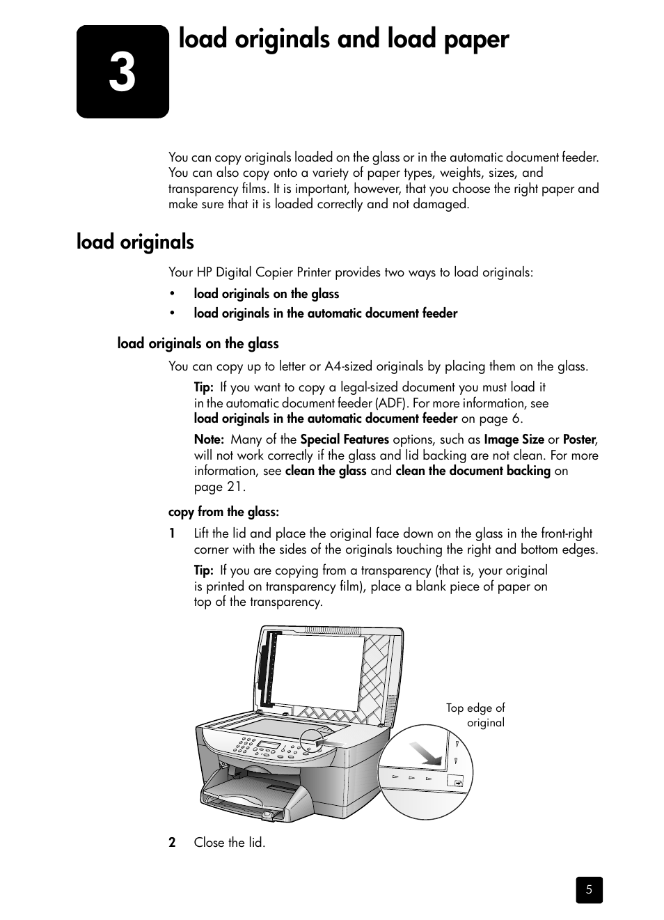 Load originals and load paper, Load originals, Load originals on the glass | 3 load originals and load paper | HP 410 User Manual | Page 9 / 64