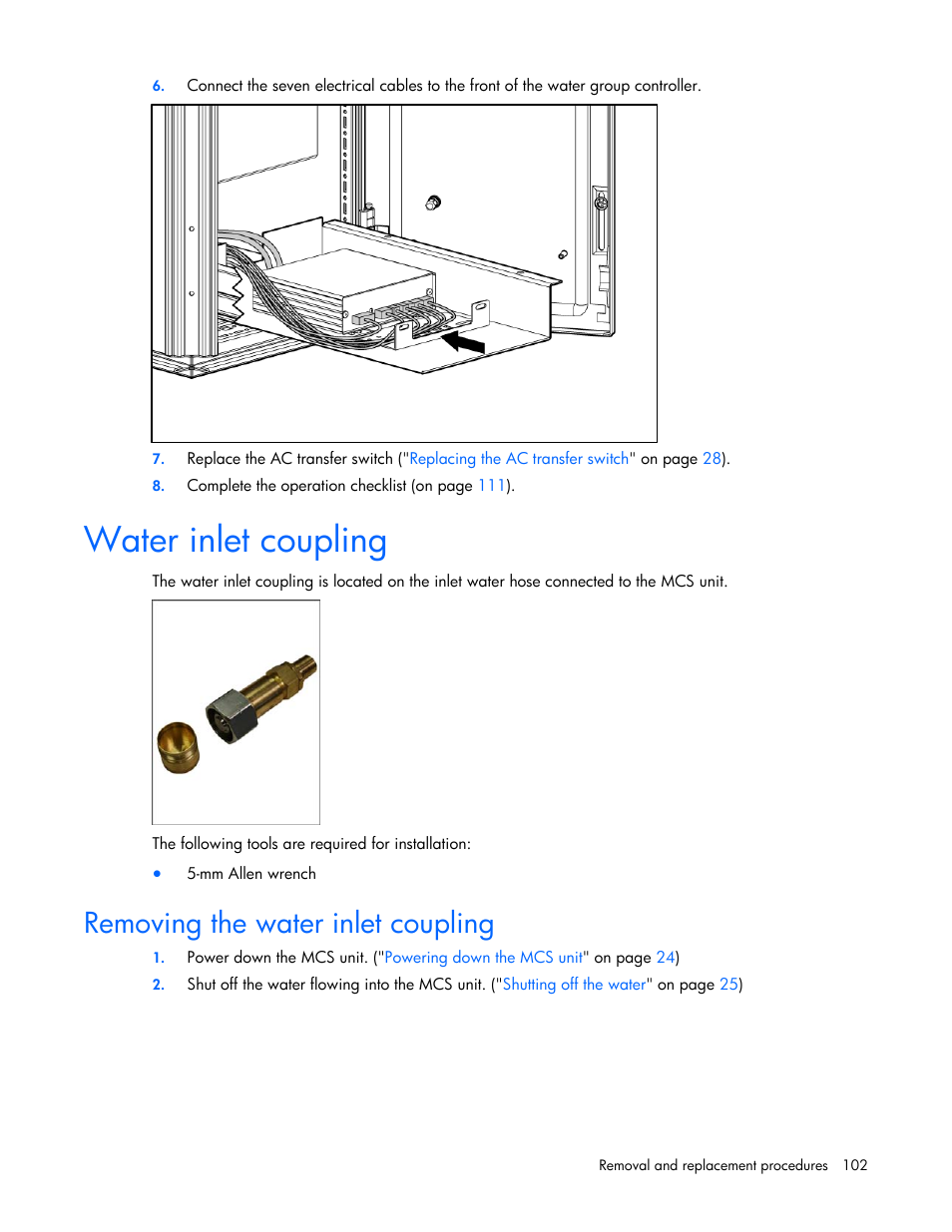 Water inlet coupling, Removing the water inlet coupling, Sps–coupling, mcs, inlet | Water inlet, Coupling, On p | HP 403349-003 User Manual | Page 102 / 146