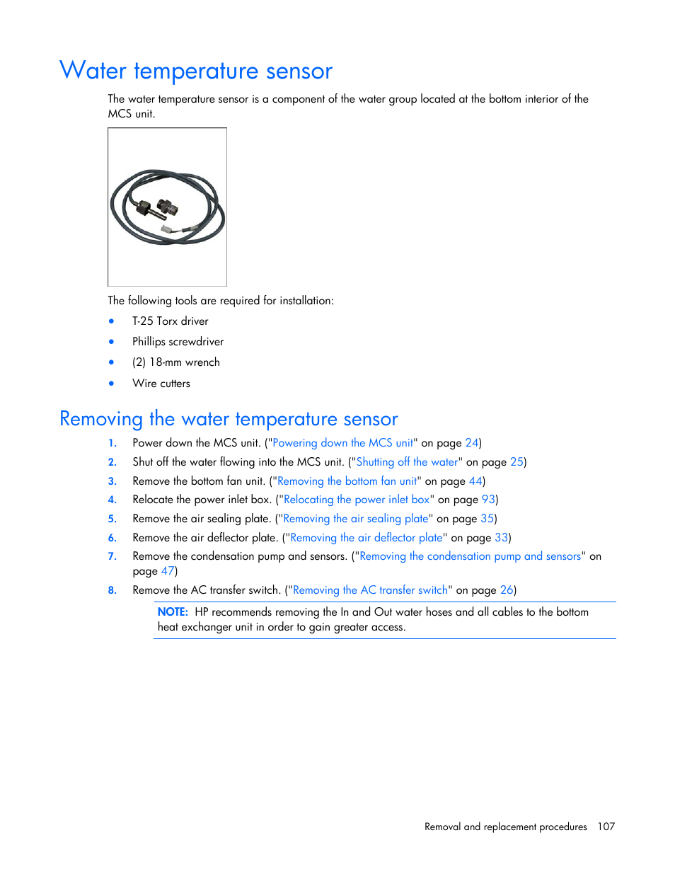 Water temperature sensor, Removing the water temperature sensor | HP 403349-003 User Manual | Page 107 / 146