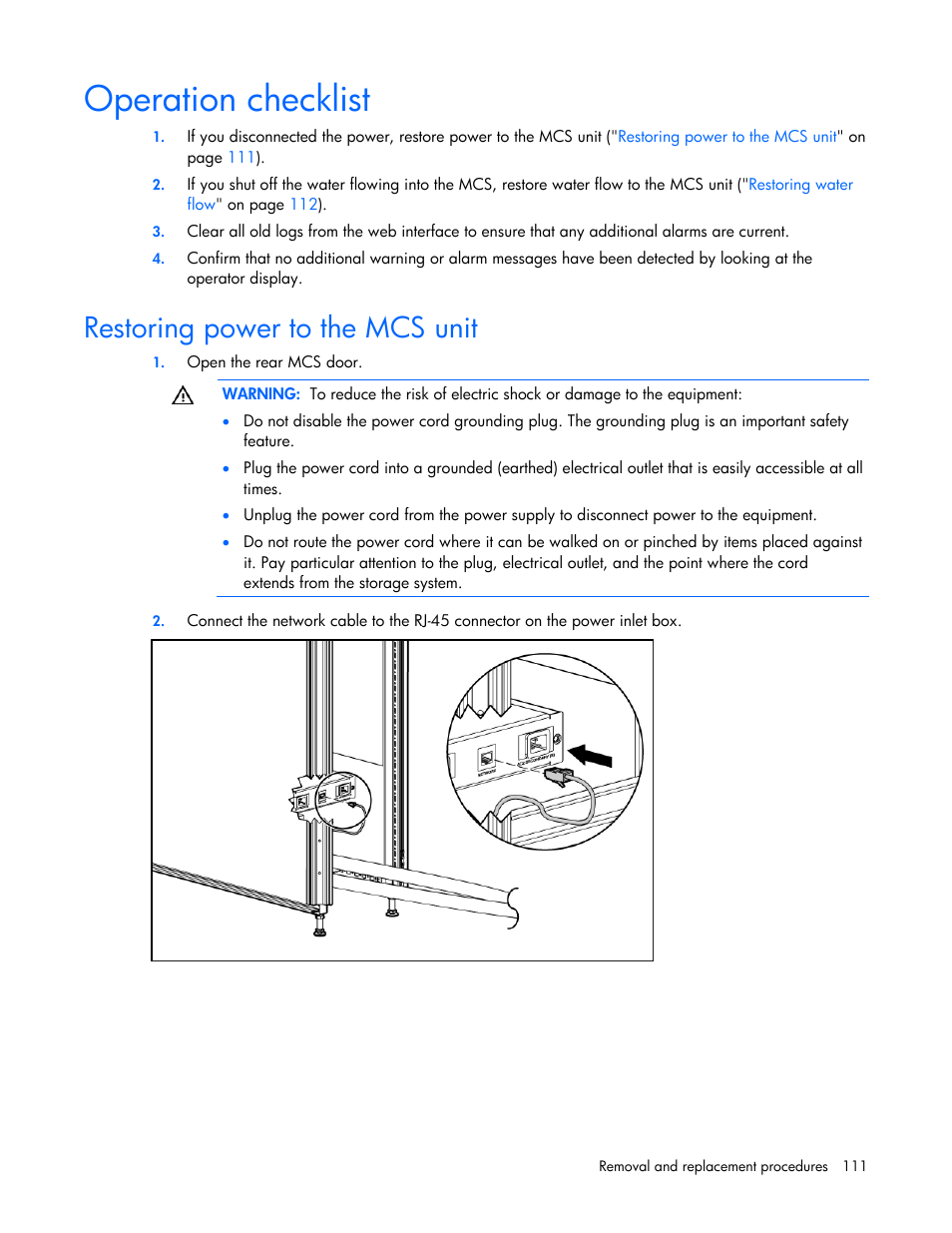 Operation checklist, Restoring power to the mcs unit | HP 403349-003 User Manual | Page 111 / 146