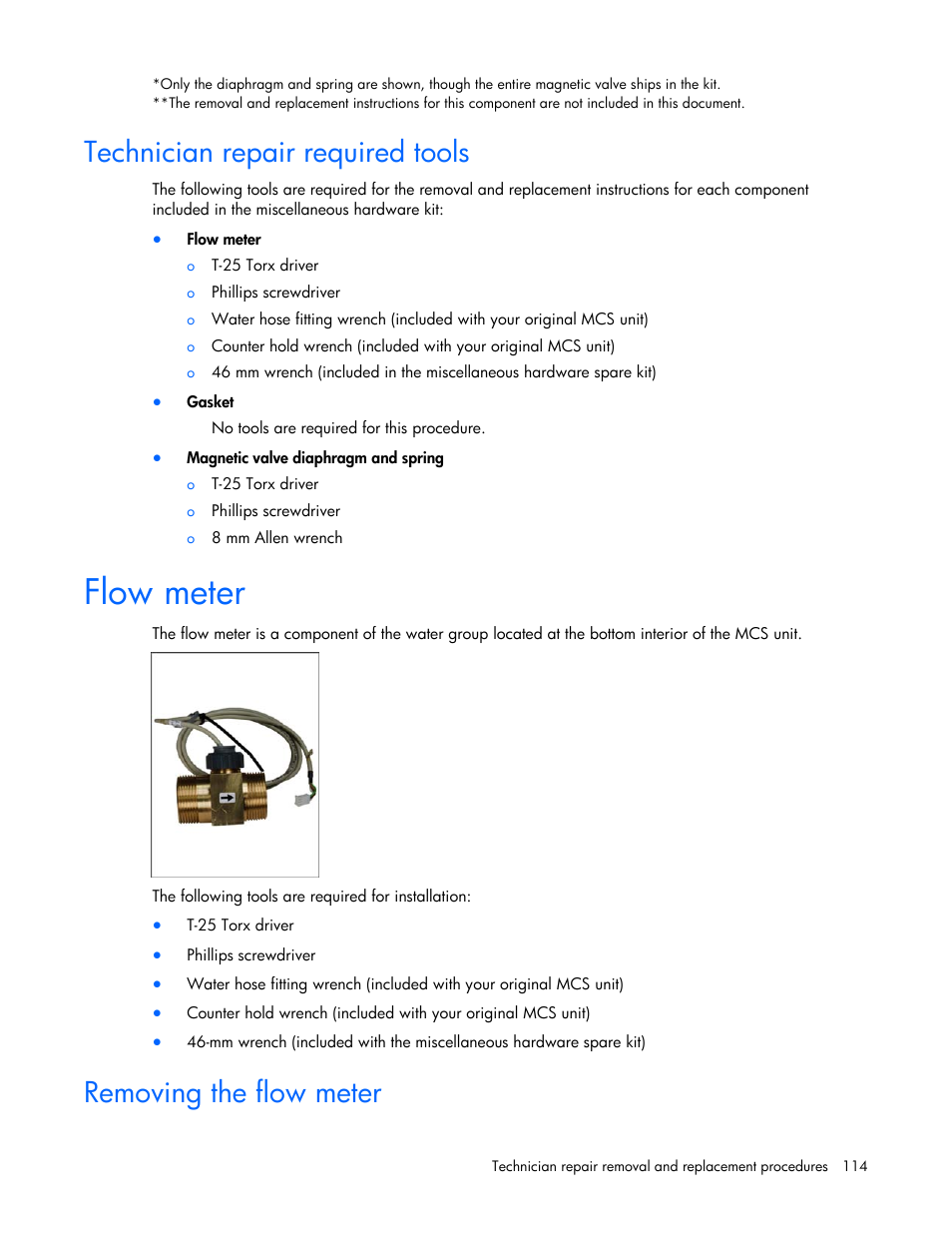 Technician repair required tools, Flow meter, Removing the flow meter | HP 403349-003 User Manual | Page 114 / 146