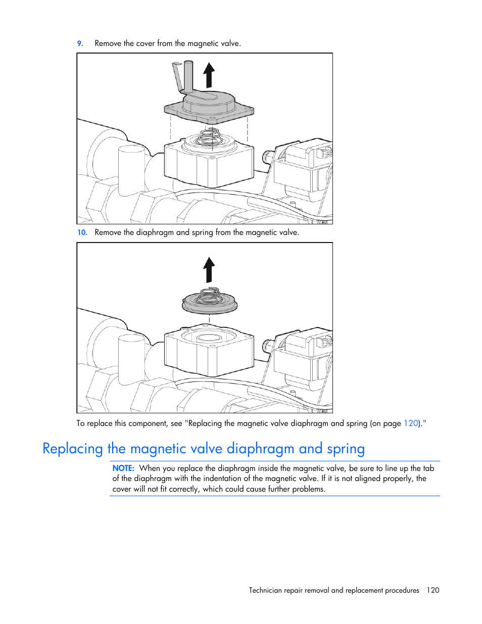 Replacing the magnetic valve diaphragm and spring | HP 403349-003 User Manual | Page 120 / 146