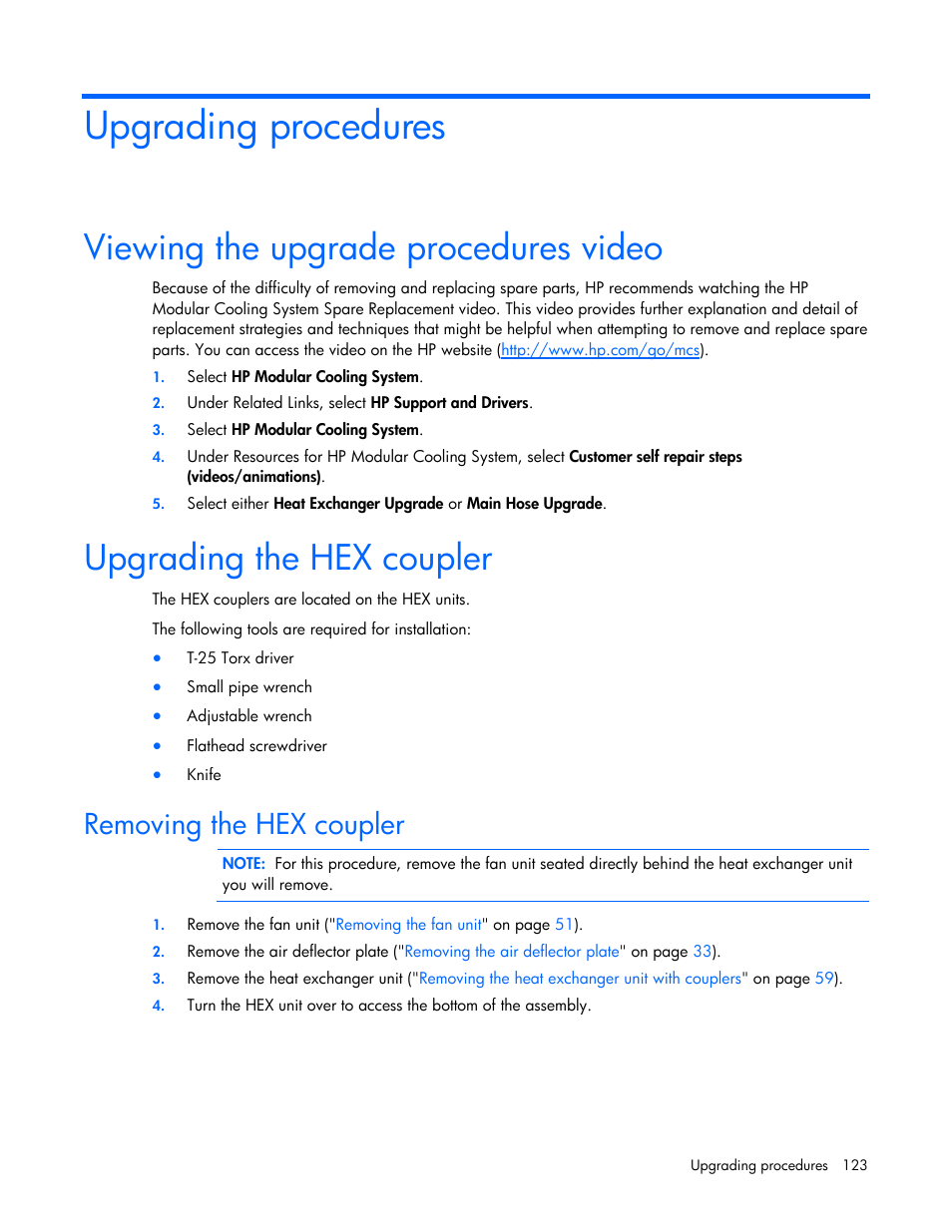 Upgrading procedures, Viewing the upgrade procedures video, Upgrading the hex coupler | Removing the hex coupler | HP 403349-003 User Manual | Page 123 / 146