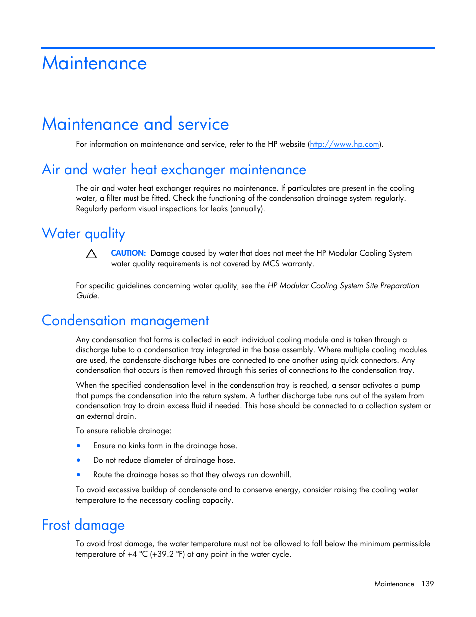 Maintenance, Maintenance and service, Air and water heat exchanger maintenance | Water quality, Condensation management, Frost damage | HP 403349-003 User Manual | Page 139 / 146