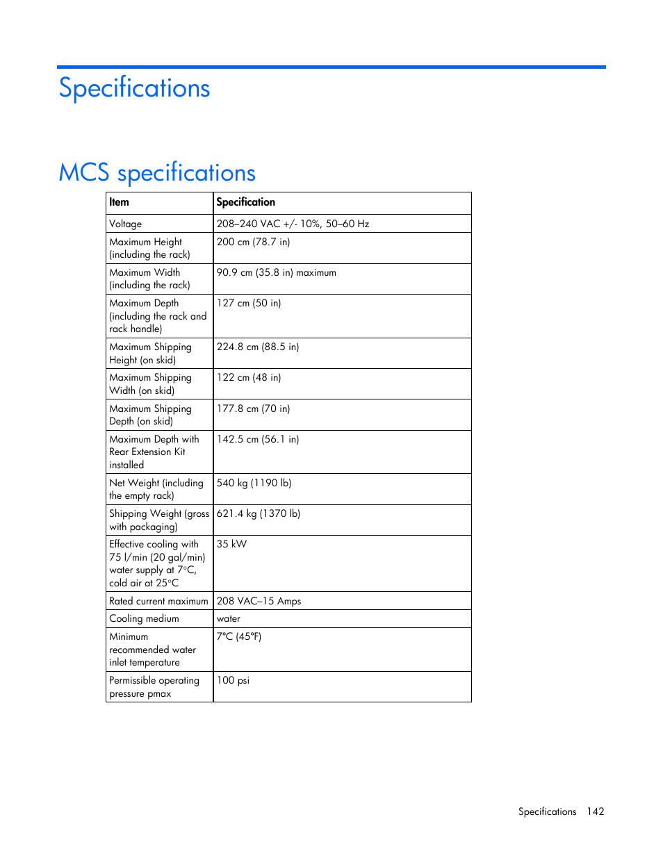 Specifications, Mcs specifications | HP 403349-003 User Manual | Page 142 / 146