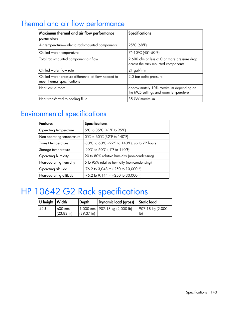 Thermal and air flow performance, Environmental specifications, Hp 10642 g2 rack specifications | HP 403349-003 User Manual | Page 143 / 146