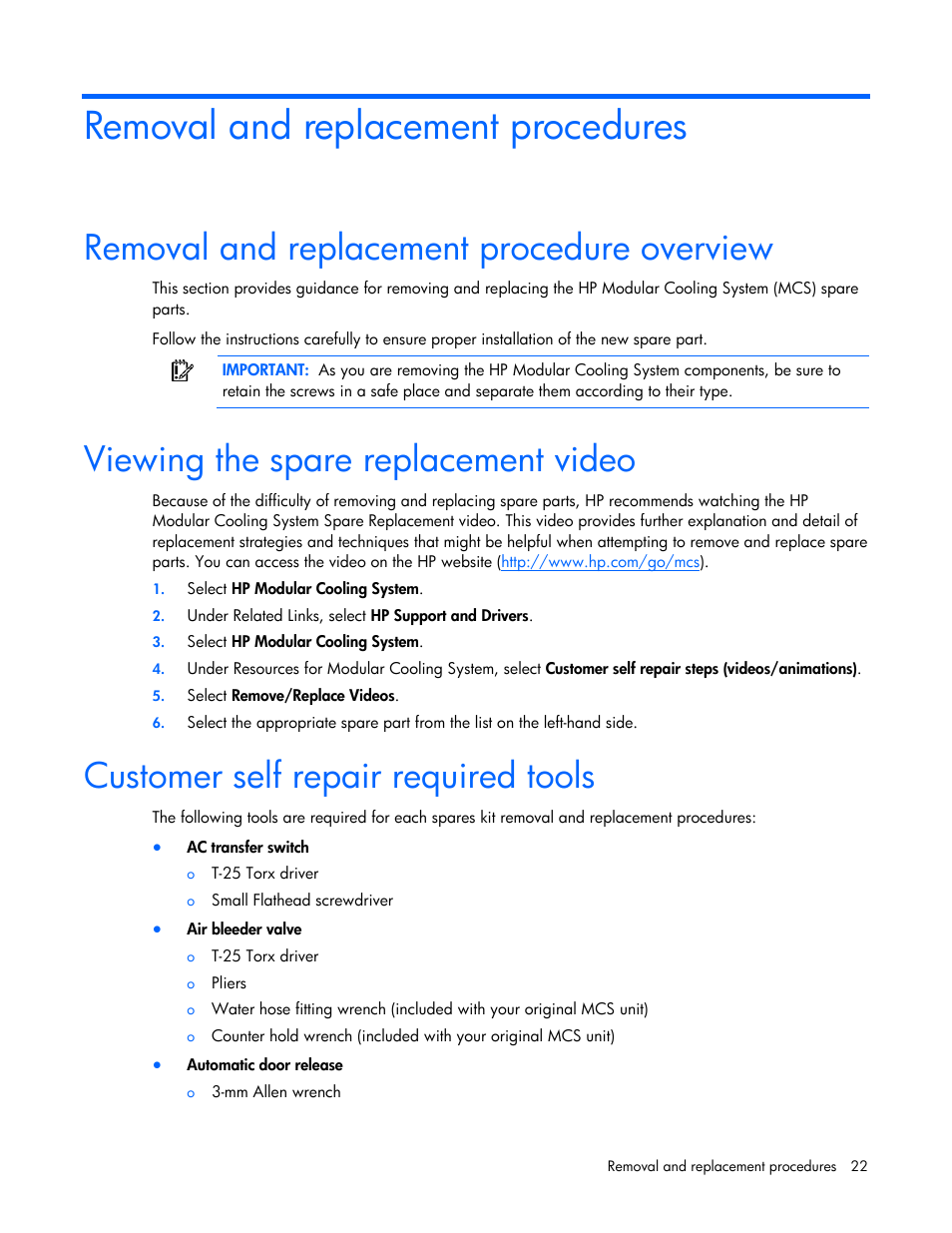 Removal and replacement procedures, Removal and replacement procedure overview, Viewing the spare replacement video | Customer self repair required tools | HP 403349-003 User Manual | Page 22 / 146