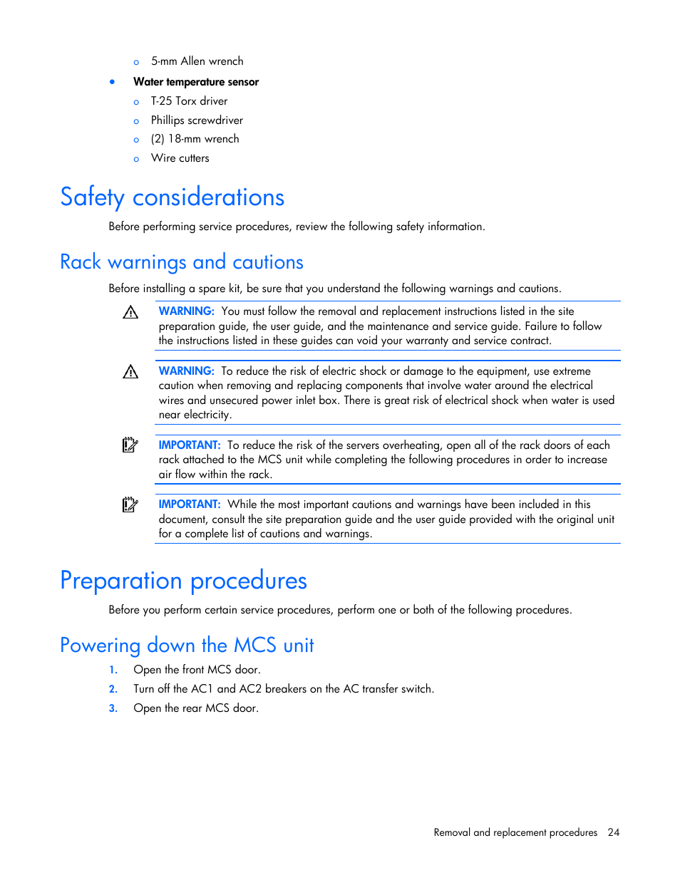 Safety considerations, Rack warnings and cautions, Preparation procedures | Powering down the mcs unit | HP 403349-003 User Manual | Page 24 / 146