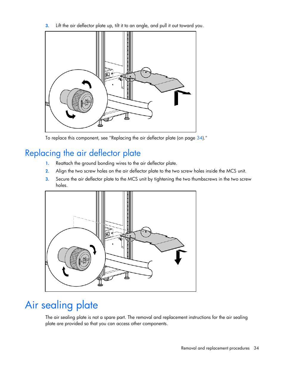 Replacing the air deflector plate, Air sealing plate | HP 403349-003 User Manual | Page 34 / 146