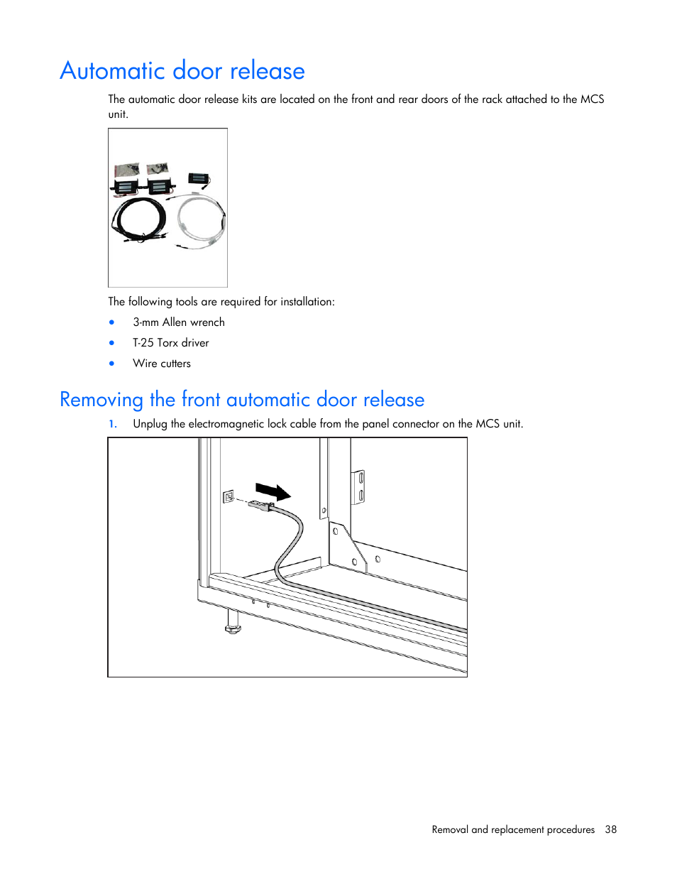 Automatic door release, Removing the front automatic door release | HP 403349-003 User Manual | Page 38 / 146