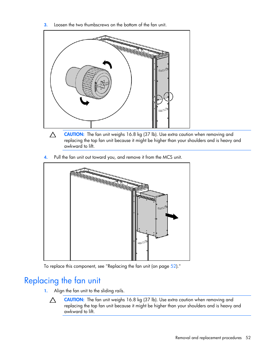 Replacing the fan unit, P fan unit | HP 403349-003 User Manual | Page 52 / 146