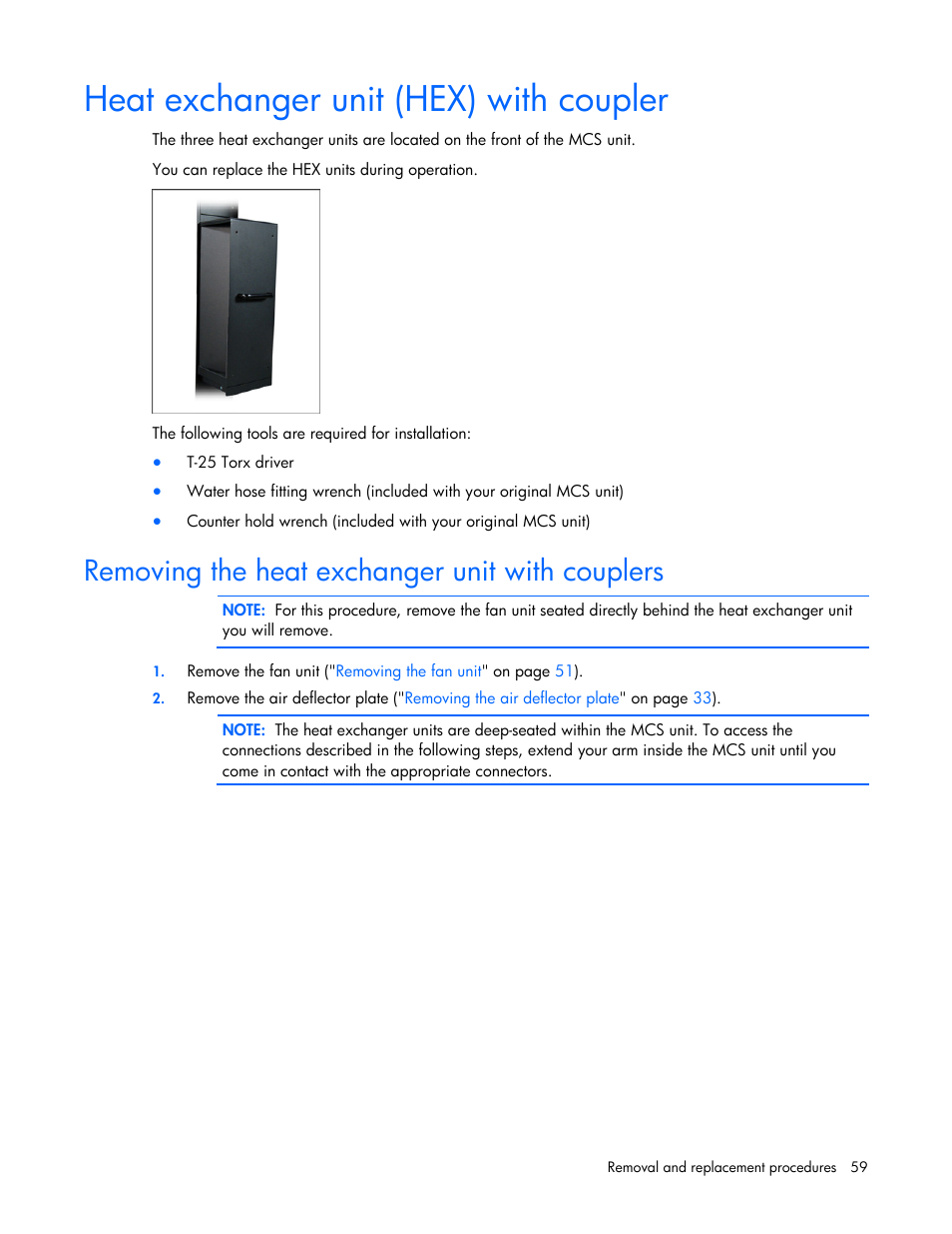 Heat exchanger unit (hex) with coupler, Removing the heat exchanger unit with couplers, Sps–heat exchanger | Heat exchanger, Unit (hex) with coupler | HP 403349-003 User Manual | Page 59 / 146