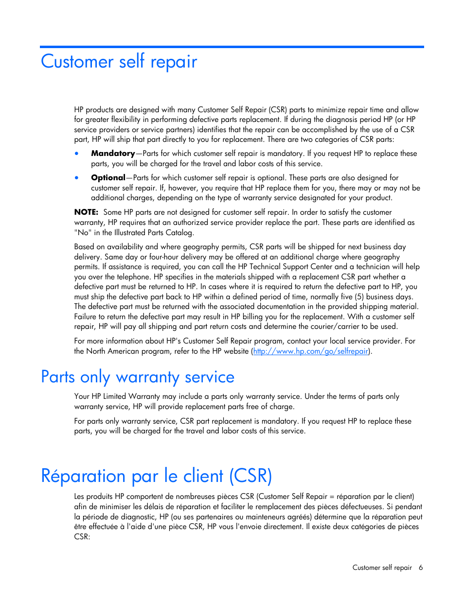Customer self repair, Parts only warranty service, Réparation par le client (csr) | HP 403349-003 User Manual | Page 6 / 146