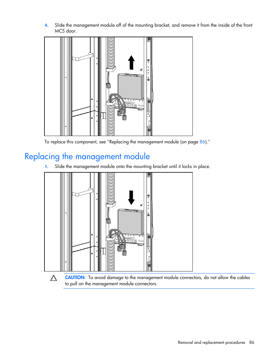 Replacing the management module | HP 403349-003 User Manual | Page 86 / 146