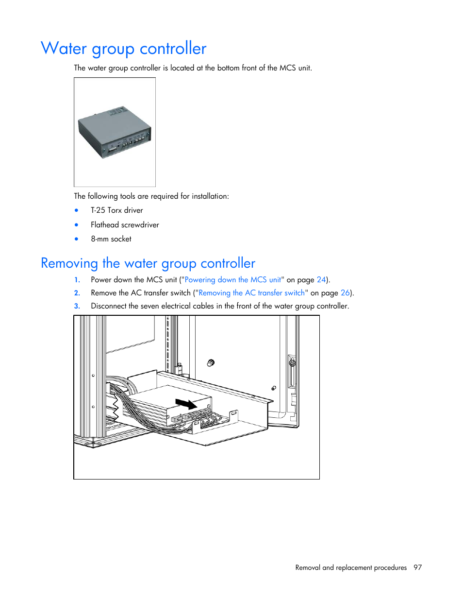 Water group controller, Removing the water group controller, Water group | Controller, On p | HP 403349-003 User Manual | Page 97 / 146