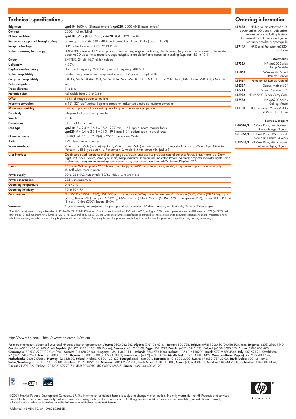 Technical specifications, Ordering information | HP vp6200 User Manual | Page 2 / 2