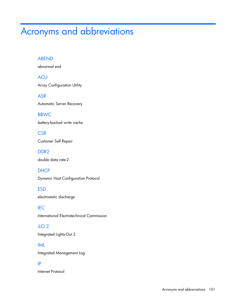 Acronyms and abbreviations | HP BL685C G6 User Manual | Page 101 / 106