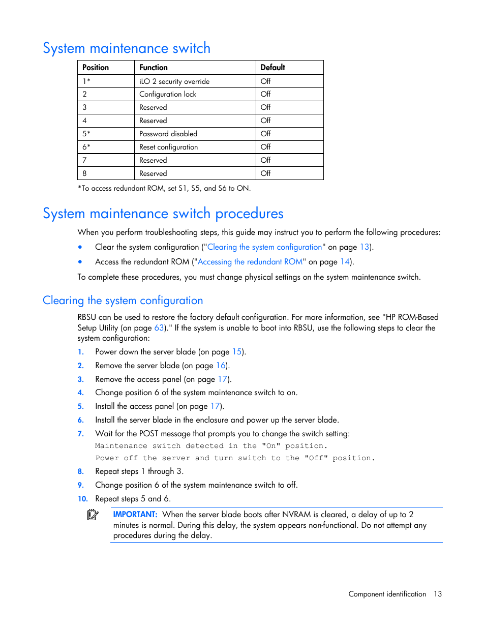 System maintenance switch, System maintenance switch procedures, Clearing the system configuration | HP BL685C G6 User Manual | Page 13 / 106