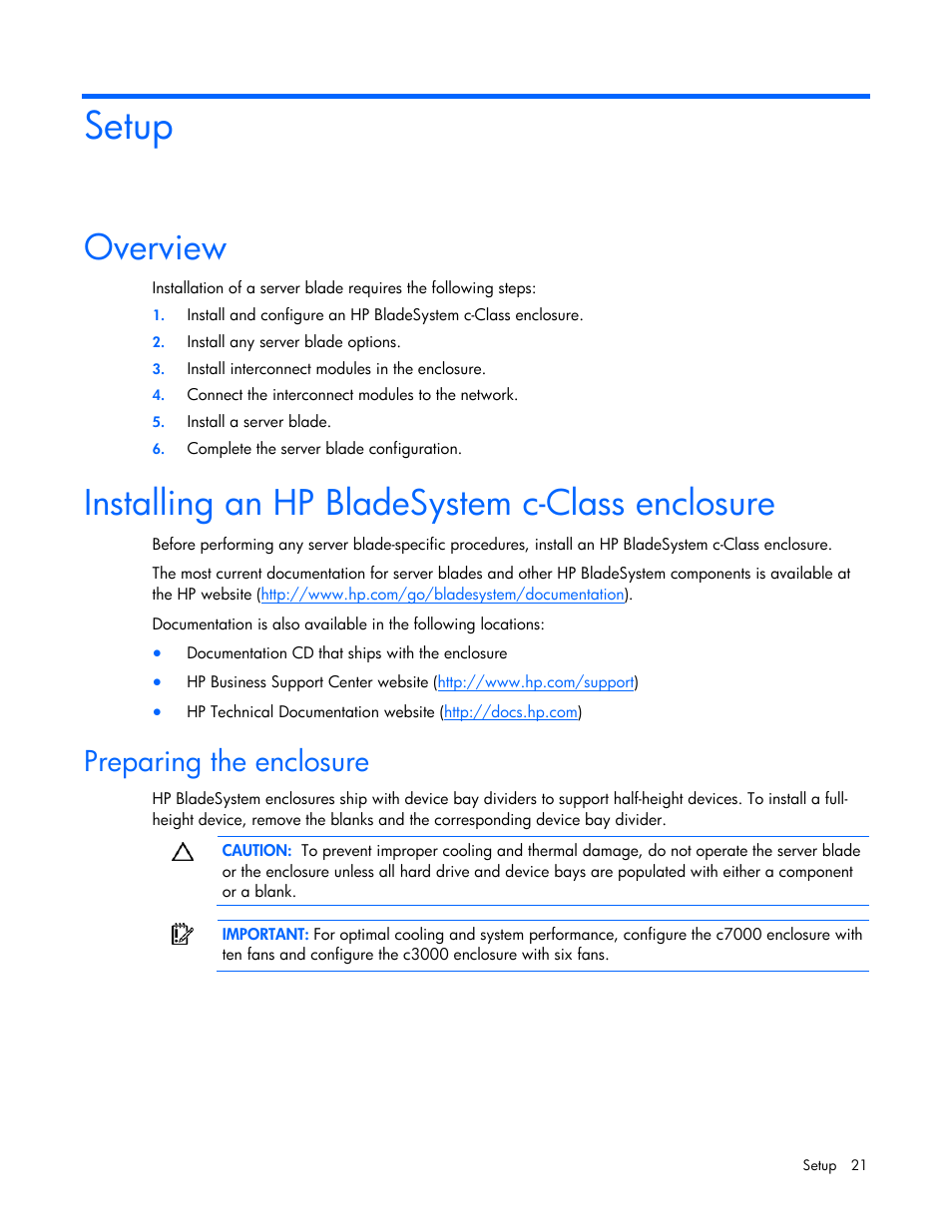 Setup, Overview, Installing an hp bladesystem c-class enclosure | Preparing the enclosure | HP BL685C G6 User Manual | Page 21 / 106