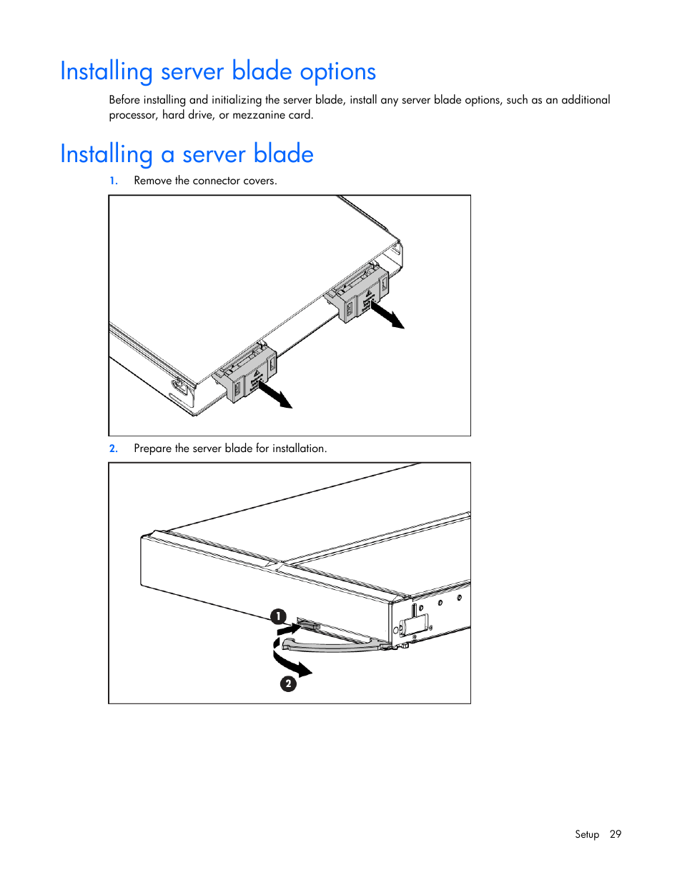 Installing server blade options, Installing a server blade, Er blade | On p | HP BL685C G6 User Manual | Page 29 / 106