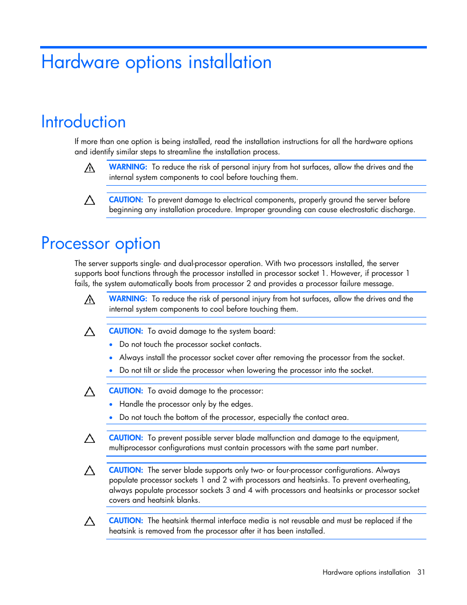 Hardware options installation, Introduction, Processor option | HP BL685C G6 User Manual | Page 31 / 106
