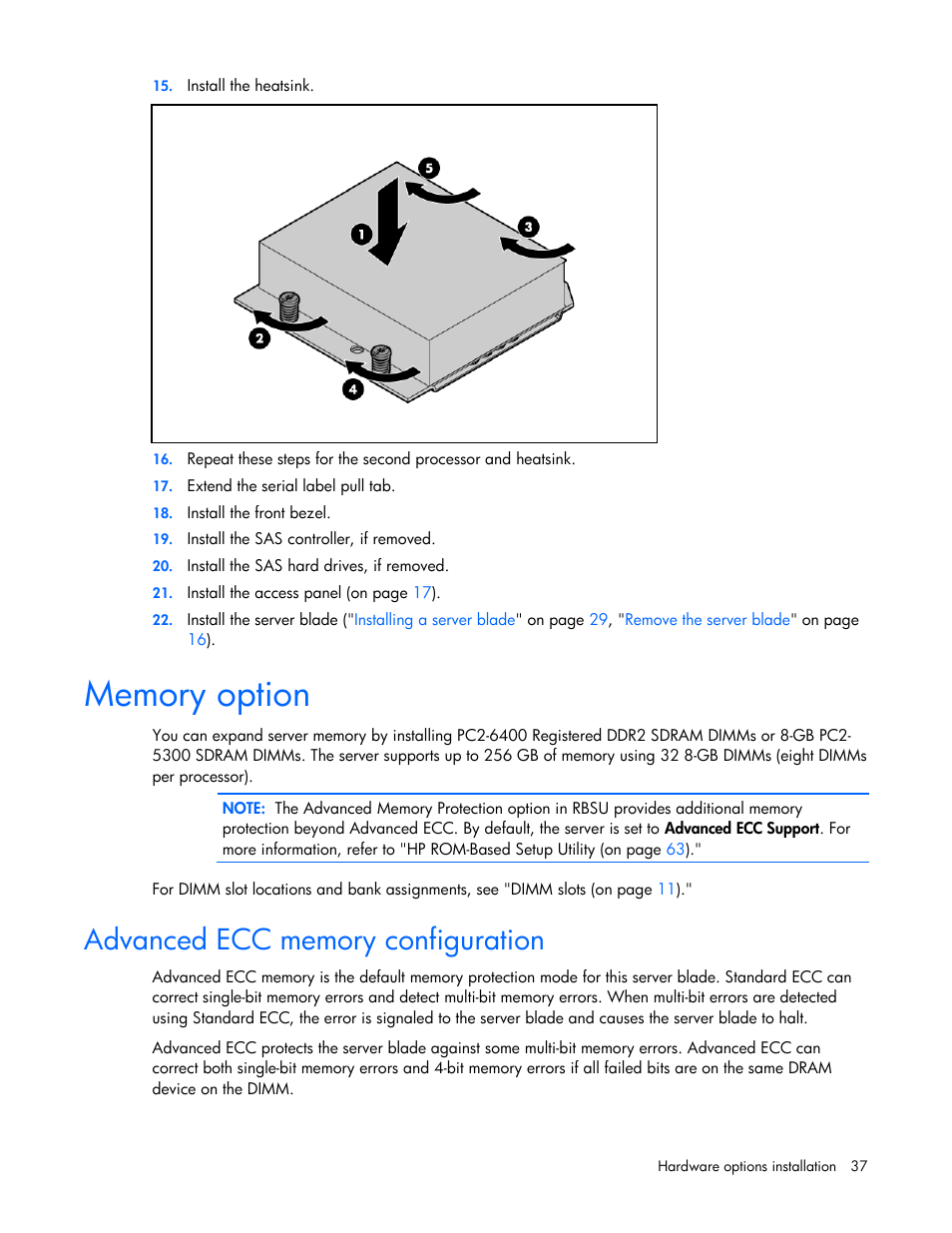 Memory option, Advanced ecc memory configuration | HP BL685C G6 User Manual | Page 37 / 106