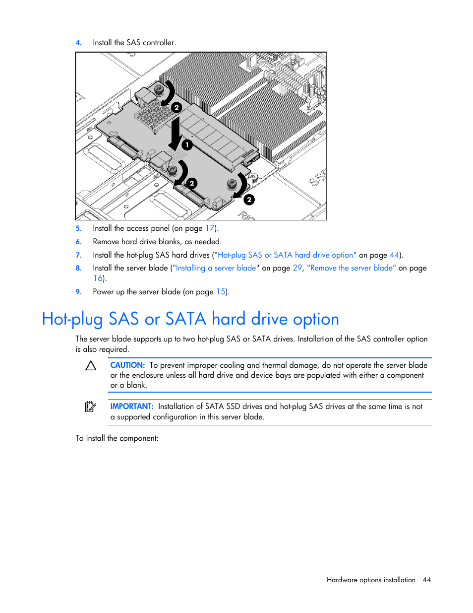 Hot-plug sas or sata hard drive option | HP BL685C G6 User Manual | Page 44 / 106
