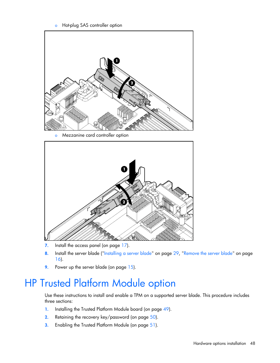 Hp trusted platform module option | HP BL685C G6 User Manual | Page 48 / 106