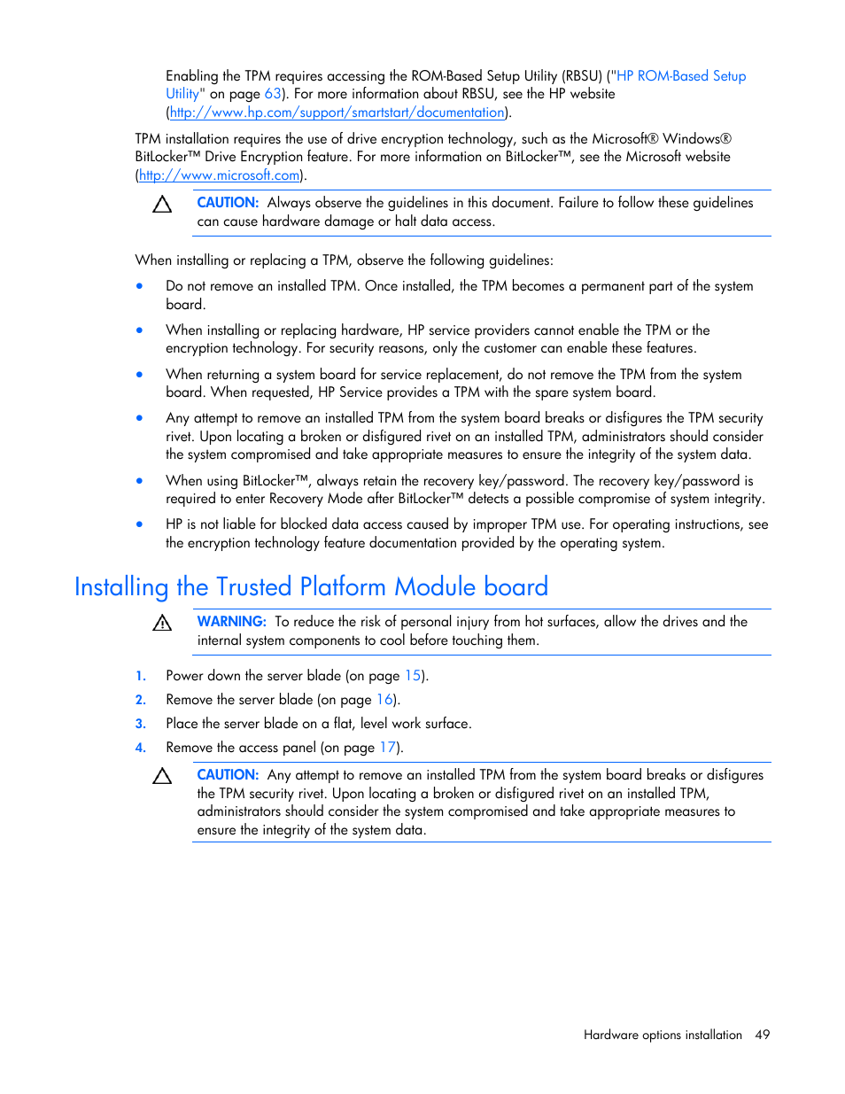Installing the trusted platform module board | HP BL685C G6 User Manual | Page 49 / 106