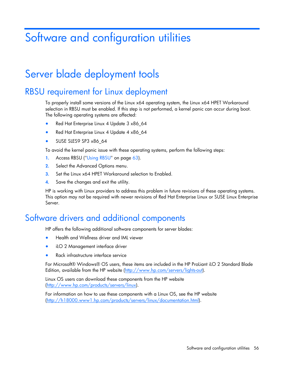 Software and configuration utilities, Server blade deployment tools, Rbsu requirement for linux deployment | Software drivers and additional components | HP BL685C G6 User Manual | Page 56 / 106