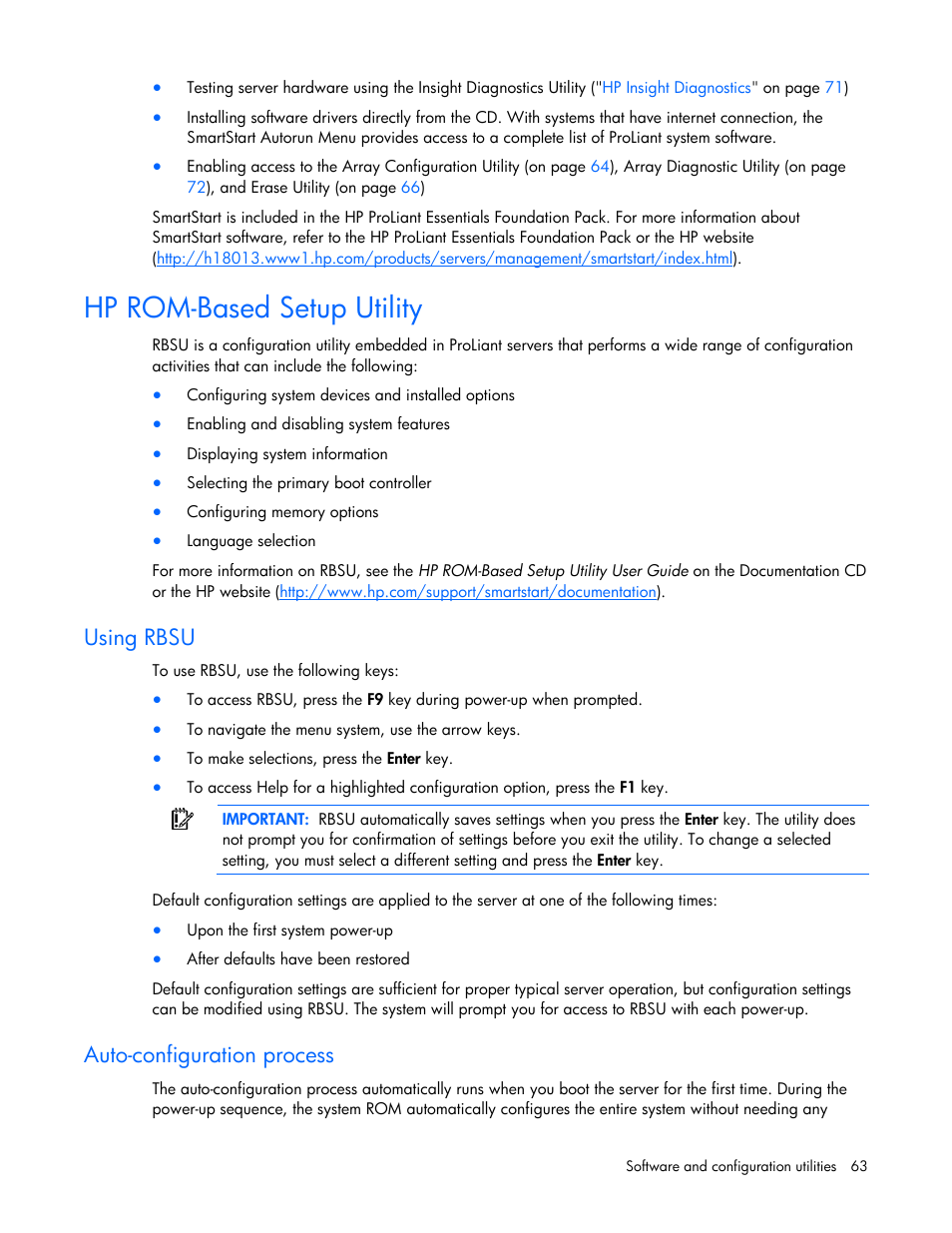 Hp rom-based setup utility, Using rbsu, Auto-configuration process | P utility (rbsu), Hp rom-based setup, Utility, For m | HP BL685C G6 User Manual | Page 63 / 106