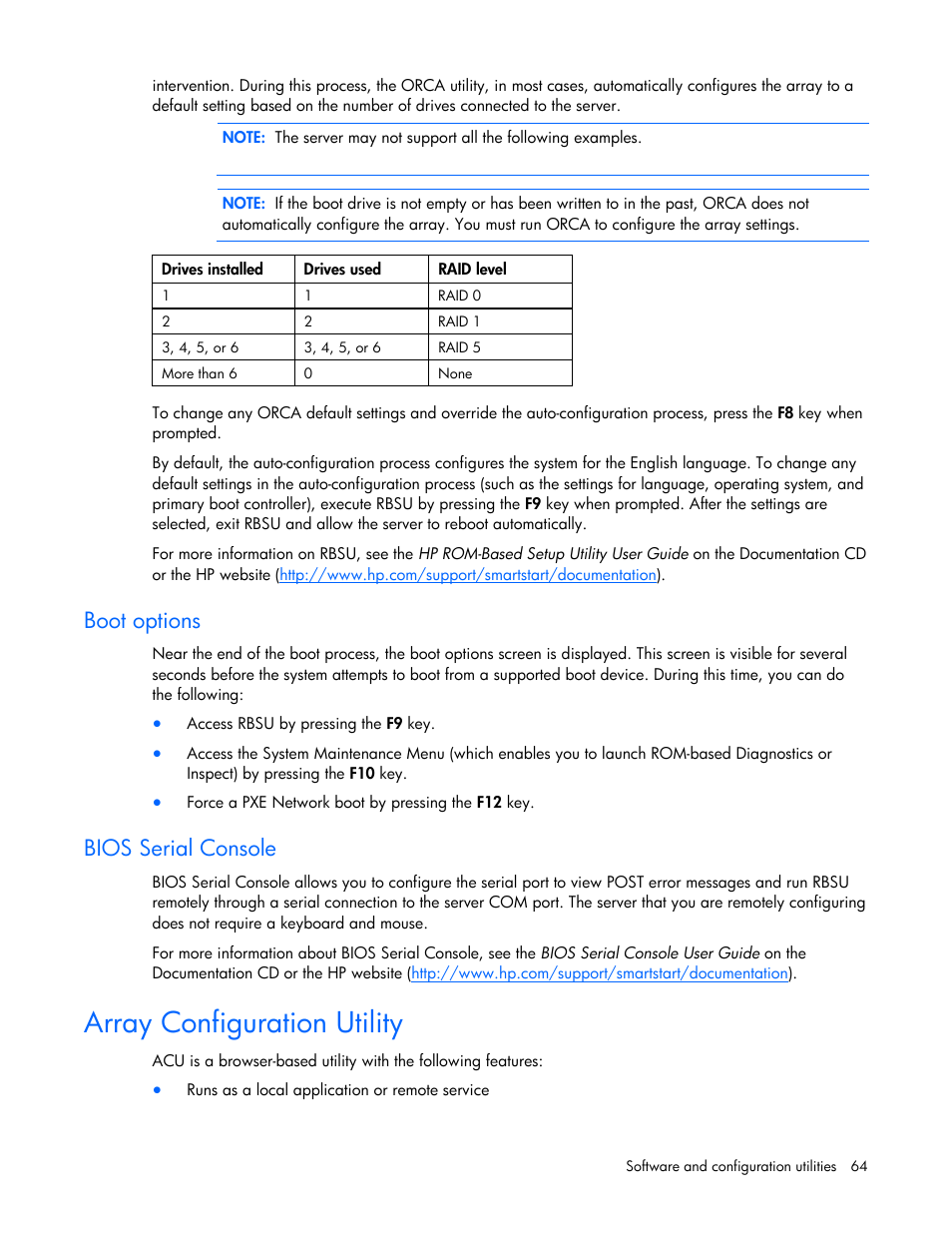 Boot options, Bios serial console, Array configuration utility | HP BL685C G6 User Manual | Page 64 / 106