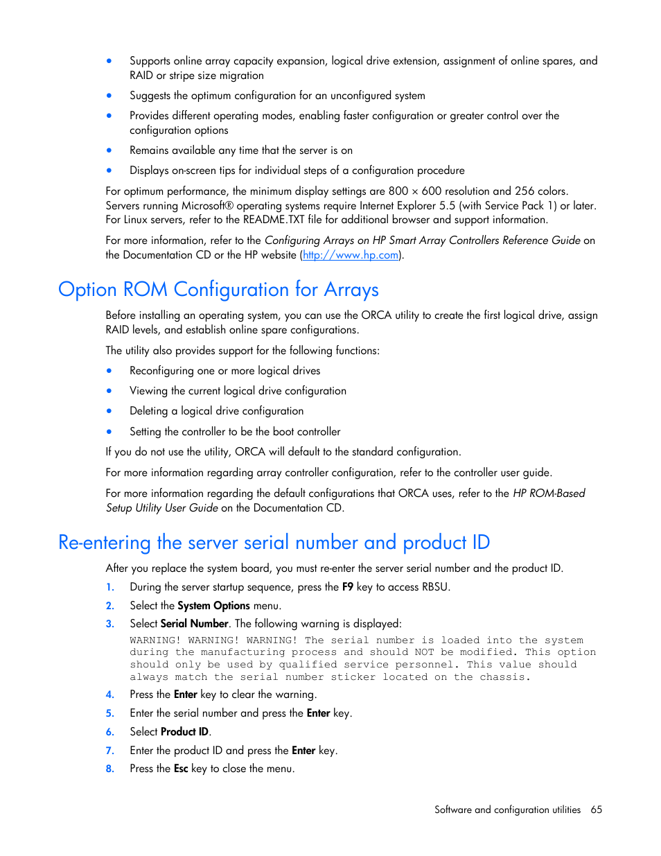 Option rom configuration for arrays | HP BL685C G6 User Manual | Page 65 / 106