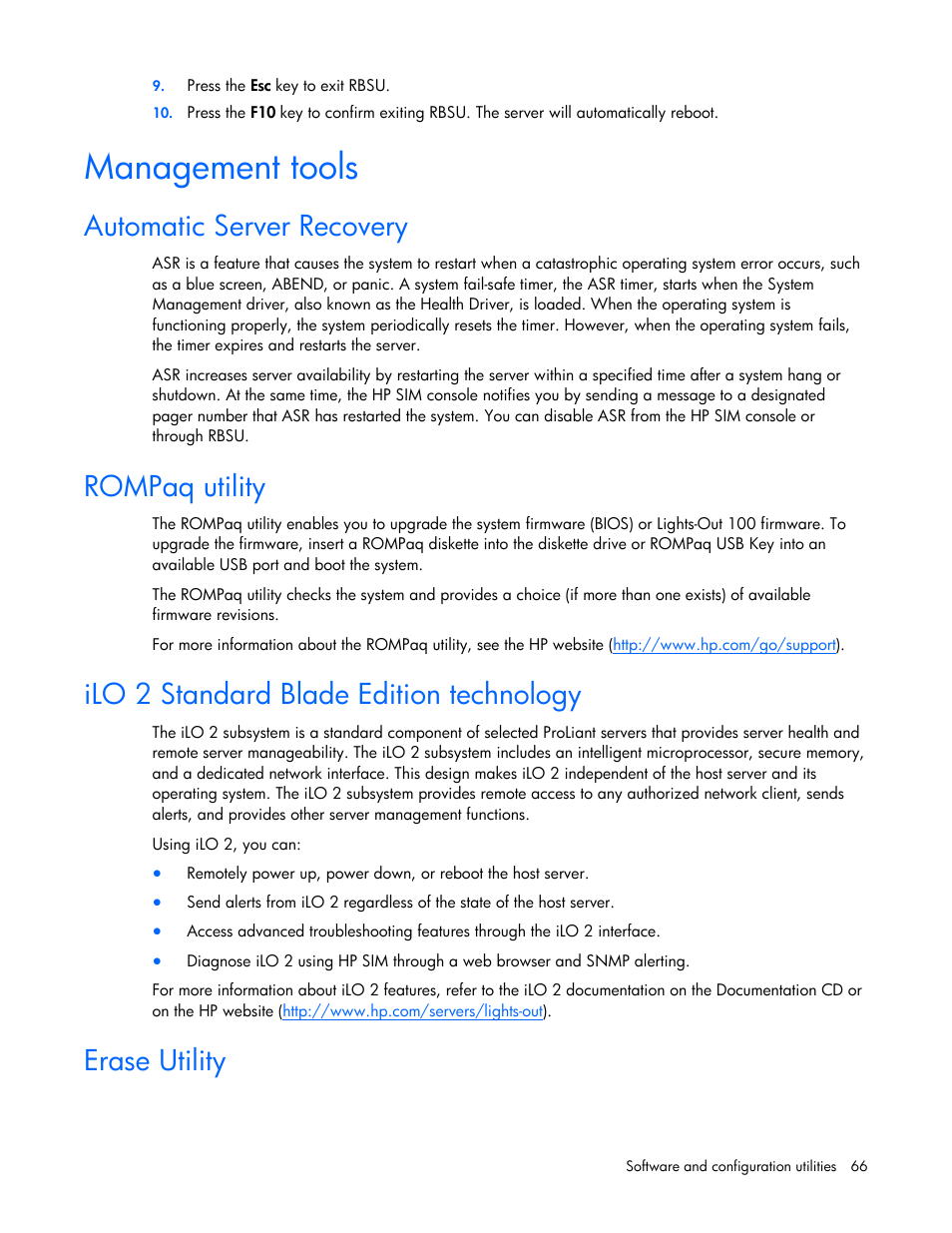 Management tools, Automatic server recovery, Rompaq utility | Ilo 2 standard blade edition technology, Erase utility | HP BL685C G6 User Manual | Page 66 / 106