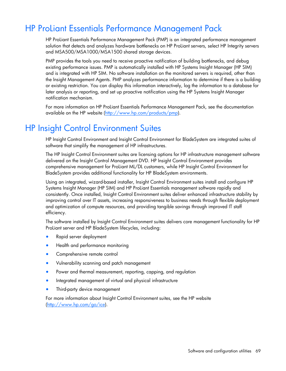 Hp proliant essentials performance management pack, Hp insight control environment suites | HP BL685C G6 User Manual | Page 69 / 106