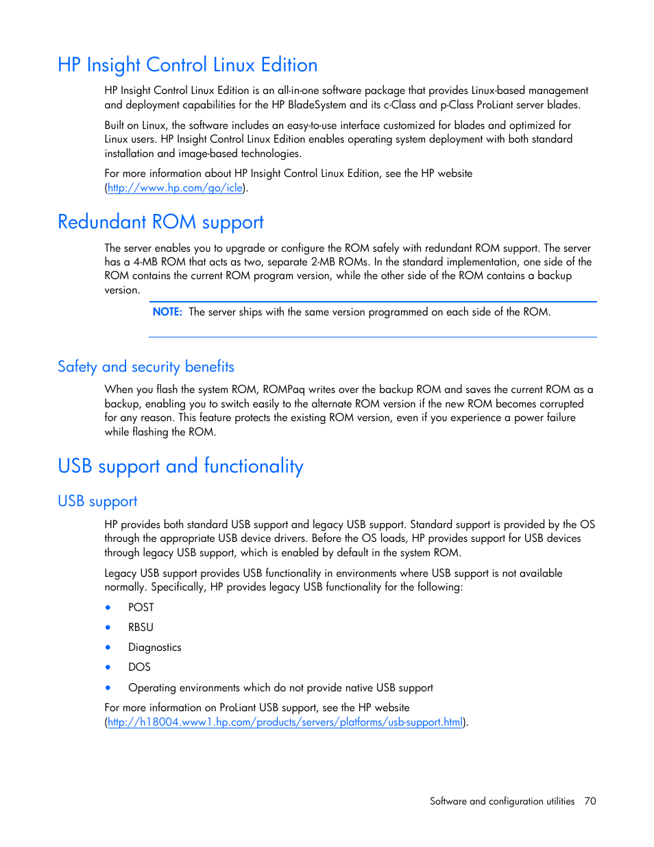 Hp insight control linux edition, Redundant rom support, Safety and security benefits | Usb support and functionality, Usb support | HP BL685C G6 User Manual | Page 70 / 106