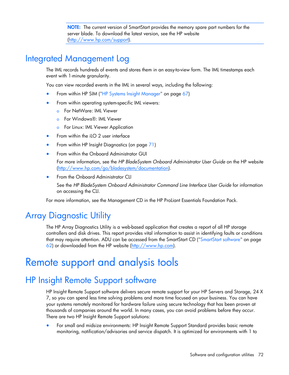 Integrated management log, Array diagnostic utility, Remote support and analysis tools | Hp insight remote support software | HP BL685C G6 User Manual | Page 72 / 106